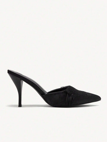 Women's Pointed Toe Satin Lace Kitten Heel Mule Black High Heel Pumps
