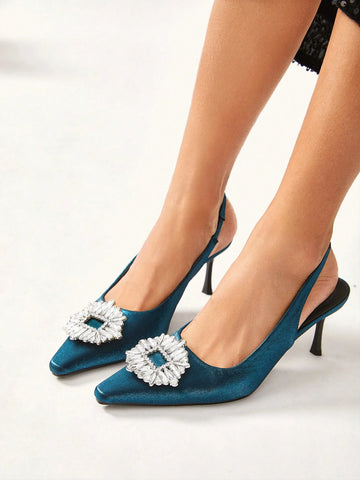 Women's Pointed Toe Stiletto High Heel Shoes, Elegant Office & Daily Wear Green Suede Round Buckle Pumps