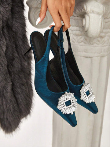 Women's Pointed Toe Stiletto High Heel Shoes, Elegant Office & Daily Wear Green Suede Round Buckle Pumps