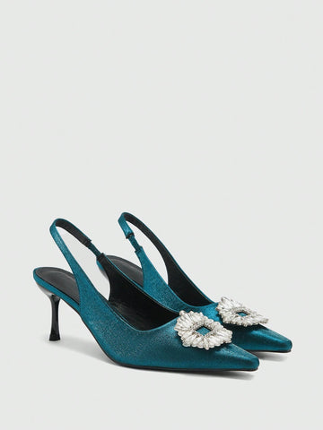 Women's Pointed Toe Stiletto High Heel Shoes, Elegant Office & Daily Wear Green Suede Round Buckle Pumps