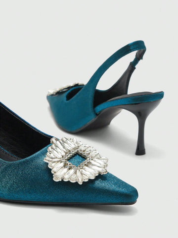 Women's Pointed Toe Stiletto High Heel Shoes, Elegant Office & Daily Wear Green Suede Round Buckle Pumps