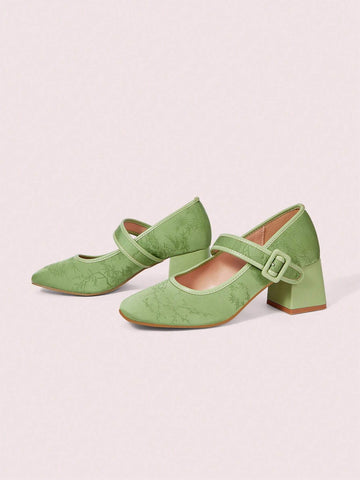 Square Toe Green Sweet Square Heel High Heels For Women