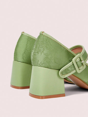 Square Toe Green Sweet Square Heel High Heels For Women