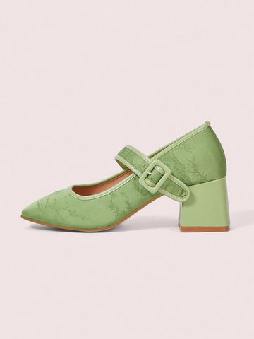 Square Toe Green Sweet Square Heel High Heels For Women