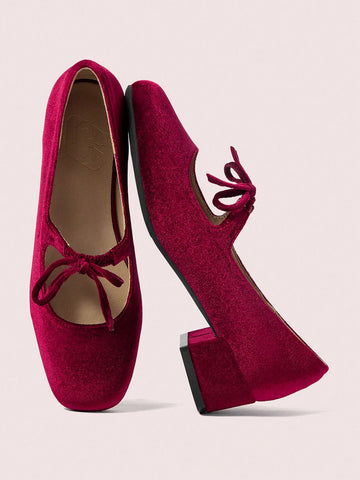 Women's Bow Decor Plain Color High Heels, Sweet School Style
