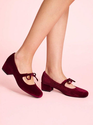 Women's Bow Decor Plain Color High Heels, Sweet School Style