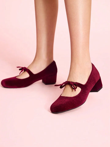 Women's Bow Decor Plain Color High Heels, Sweet School Style