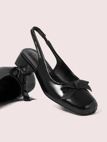 Women's Square Toe Chunky Heel Shoes With Bow Detail,