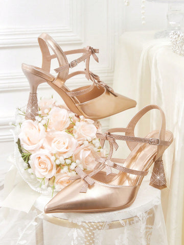 Ladies Pointed Toe Rhinestone Butterfly Decor High Heels Spring Shoes Spring Break Easter