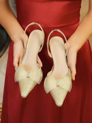 Pointed Toe Elegant Stilettos High Heel Sequin Bow Tie