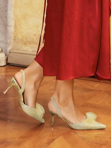 Pointed Toe Elegant Stilettos High Heel Sequin Bow Tie