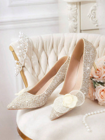 Pointed Toe Floral Decorated High Heel Wedding Party Pumps For Women