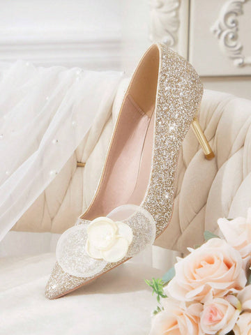 Pointed Toe Floral Decorated High Heel Wedding Party Pumps For Women