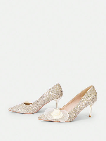 Pointed Toe Floral Decorated High Heel Wedding Party Pumps For Women