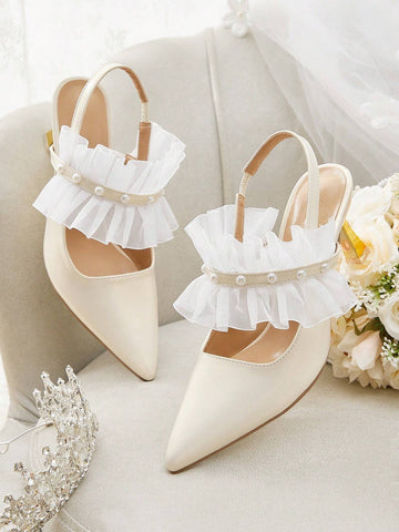 Pointed Toe Pearl Strap Backless High Heel Ladies' Pumps