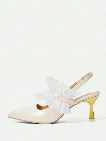 Pointed Toe Pearl Strap Backless High Heel Ladies' Pumps