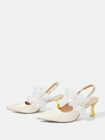 Pointed Toe Pearl Strap Backless High Heel Ladies' Pumps