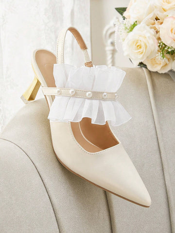 Pointed Toe Pearl Strap Backless High Heel Ladies' Pumps