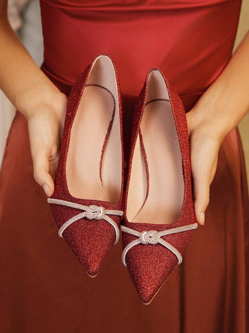 Pointed Toe Sequin Bow Decor Women's High Heel Pumps