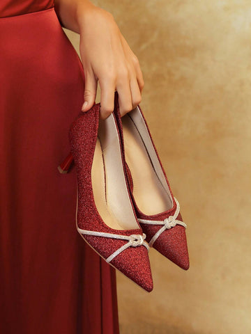 Pointed Toe Sequin Bow Decor Women's High Heel Pumps