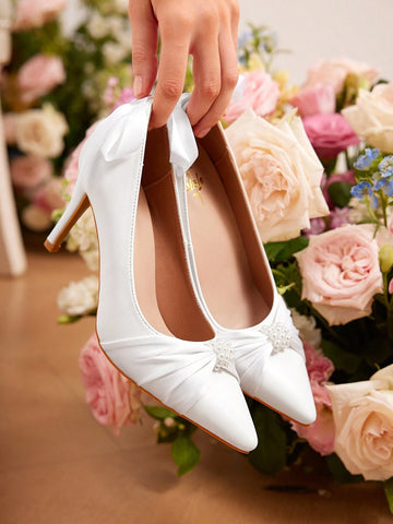 CUCCOO HITCHD Pointed Toe Stiletto Heels With Bowknot & Pearls Decor Women's White Pumps