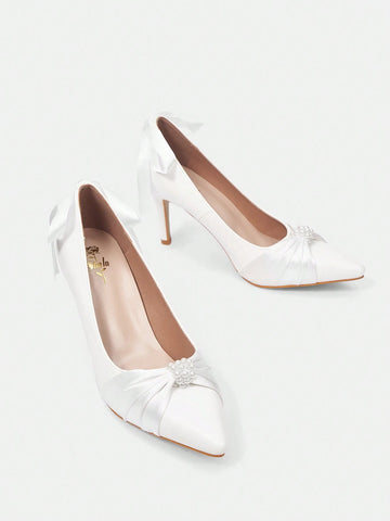 CUCCOO HITCHD Pointed Toe Stiletto Heels With Bowknot & Pearls Decor Women's White Pumps