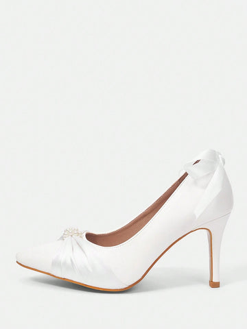 CUCCOO HITCHD Pointed Toe Stiletto Heels With Bowknot & Pearls Decor Women's White Pumps