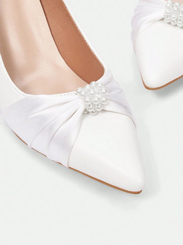 CUCCOO HITCHD Pointed Toe Stiletto Heels With Bowknot & Pearls Decor Women's White Pumps