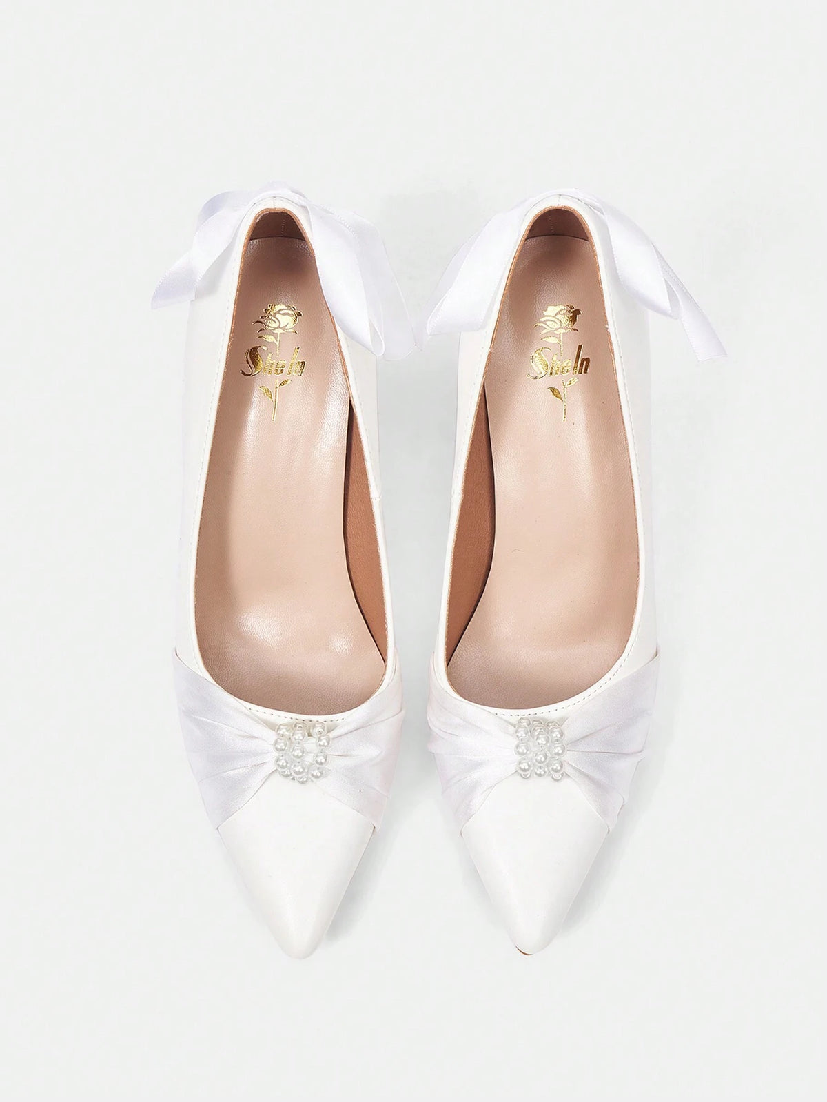 CUCCOO HITCHD Pointed Toe Stiletto Heels With Bowknot & Pearls Decor Women's White Pumps