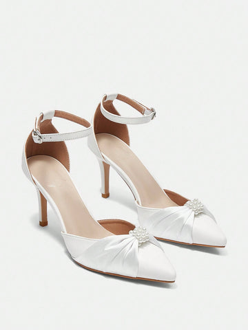 CUCCOO HITCHD Pointed Toe Stiletto High Heels For Women, White Wedding Shoes With Hollow Pearl Buckle And Bowknot Decoration