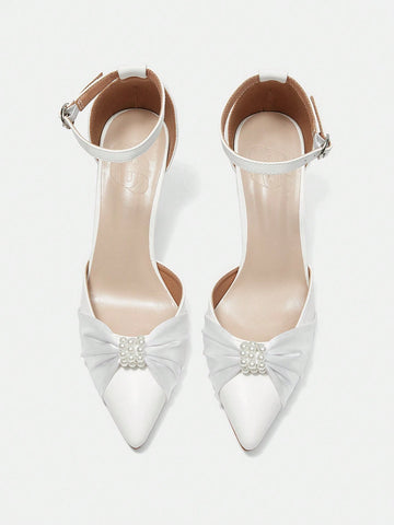 CUCCOO HITCHD Pointed Toe Stiletto High Heels For Women, White Wedding Shoes With Hollow Pearl Buckle And Bowknot Decoration