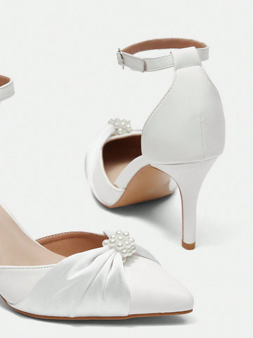 CUCCOO HITCHD Pointed Toe Stiletto High Heels For Women, White Wedding Shoes With Hollow Pearl Buckle And Bowknot Decoration