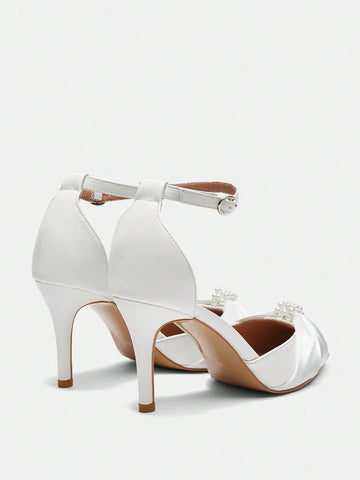 CUCCOO HITCHD Pointed Toe Stiletto High Heels For Women, White Wedding Shoes With Hollow Pearl Buckle And Bowknot Decoration