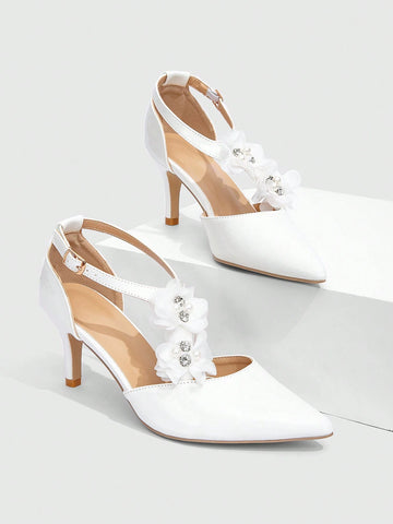 White Wedding Pointed-Toe Low-Heeled Bride Pumps With Bow, Floral 3D & Rhinestone