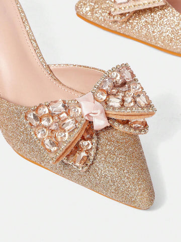 Women's Fashion Elegant Rhinestone Bow Decor High Heel Pumps