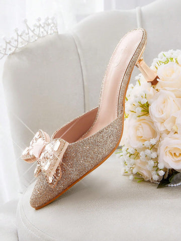 Women's Fashion Elegant Rhinestone Bow Decor High Heel Pumps