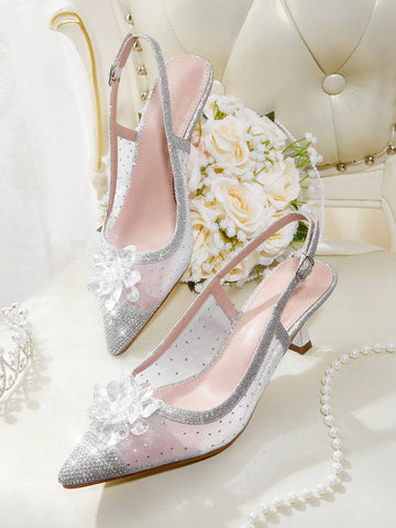Women's Fashion Elegant Rhinestone Embellished 3D Flower Decor High Heel Pumps