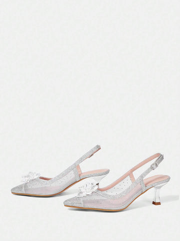 Women's Fashion Elegant Rhinestone Embellished 3D Flower Decor High Heel Pumps