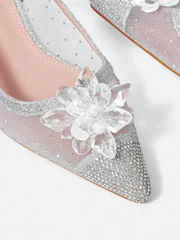 Women's Fashion Elegant Rhinestone Embellished 3D Flower Decor High Heel Pumps