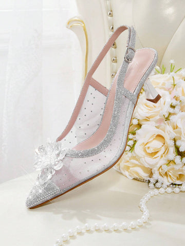 Women's Fashion Elegant Rhinestone Embellished 3D Flower Decor High Heel Pumps