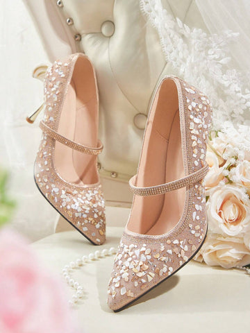 Women's Fashion Pointed Toe Fully Rhinestoned Sexy Champagne