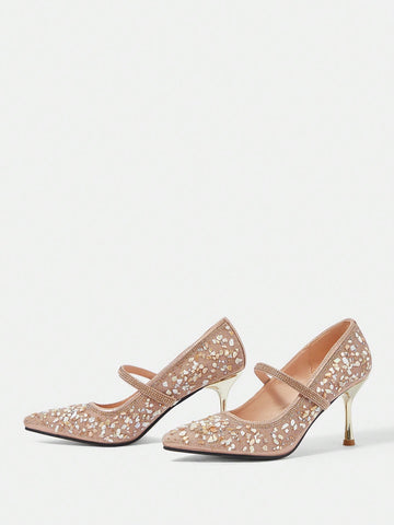 Women's Fashion Pointed Toe Fully Rhinestoned Sexy Champagne
