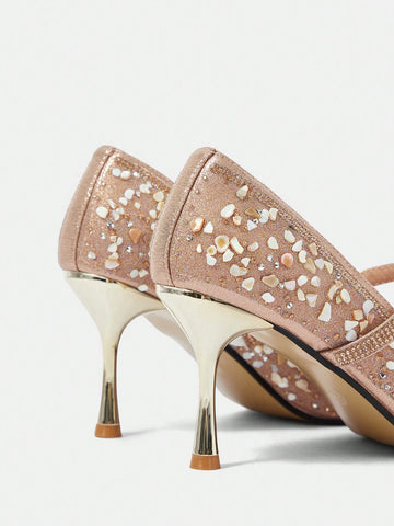 Women's Fashion Pointed Toe Fully Rhinestoned Sexy Champagne
