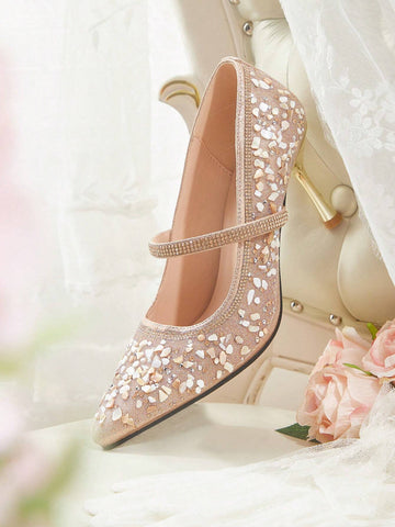 Women's Fashion Pointed Toe Fully Rhinestoned Sexy Champagne