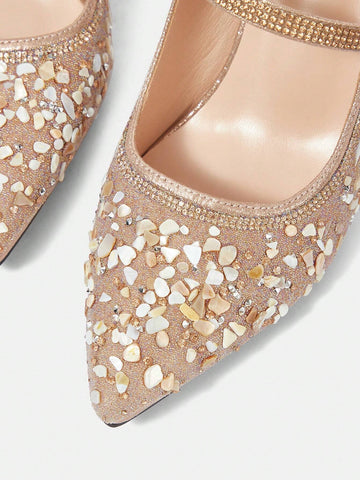 Women's Fashion Pointed Toe Fully Rhinestoned Sexy Champagne