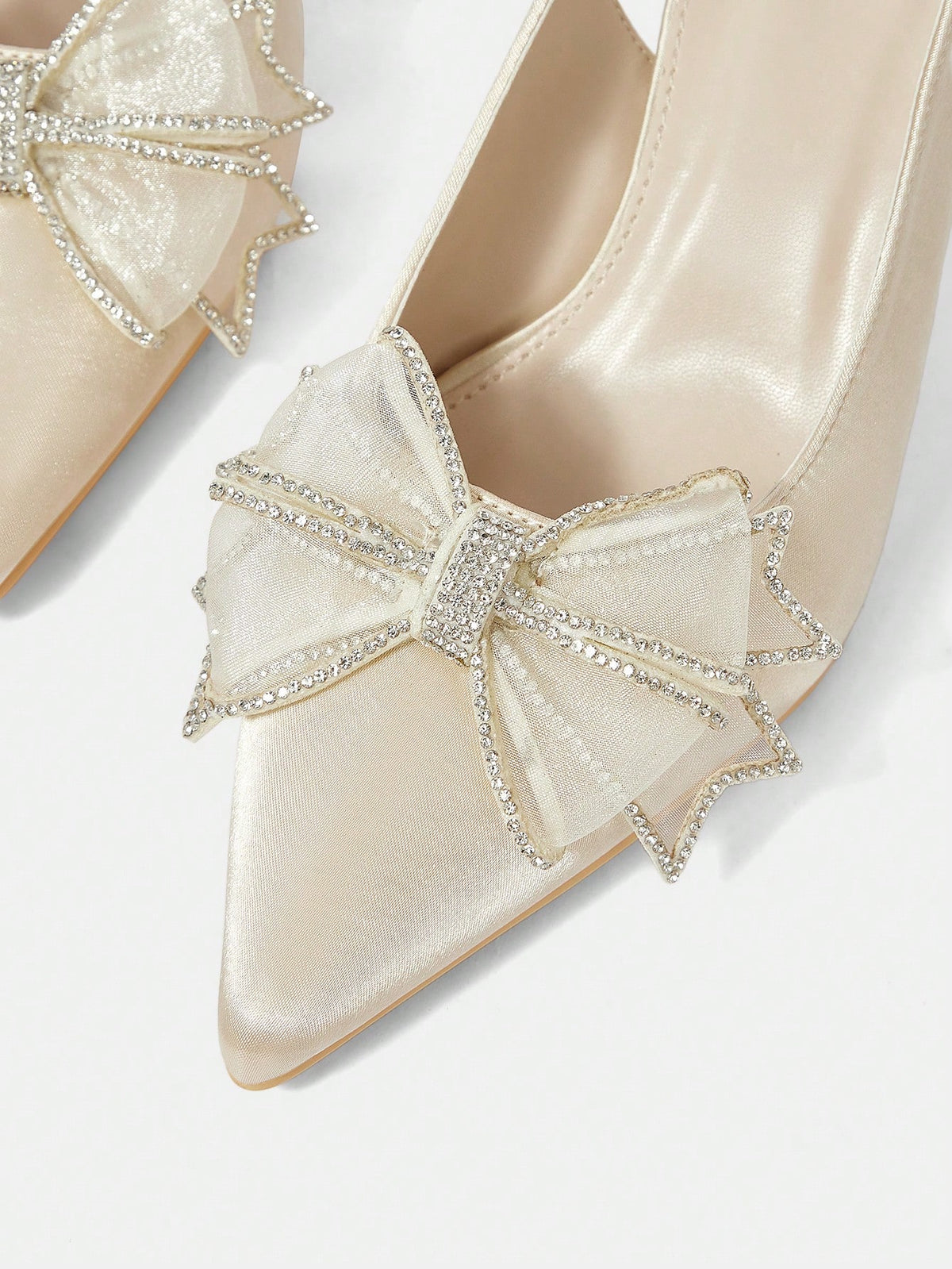 Women's Mesh Crystal Bowknot Pointed Toe Mid Heel Pumps,