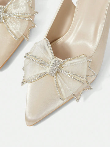 Women's Mesh Crystal Bowknot Pointed Toe Mid Heel Pumps,