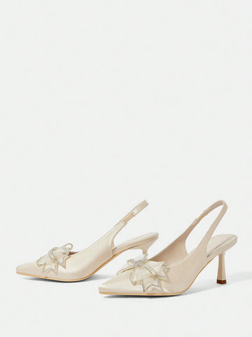 Women's Mesh Crystal Bowknot Pointed Toe Mid Heel Pumps,