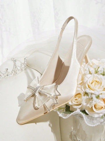 Women's Mesh Crystal Bowknot Pointed Toe Mid Heel Pumps,