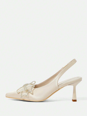 Women's Mesh Crystal Bowknot Pointed Toe Mid Heel Pumps,
